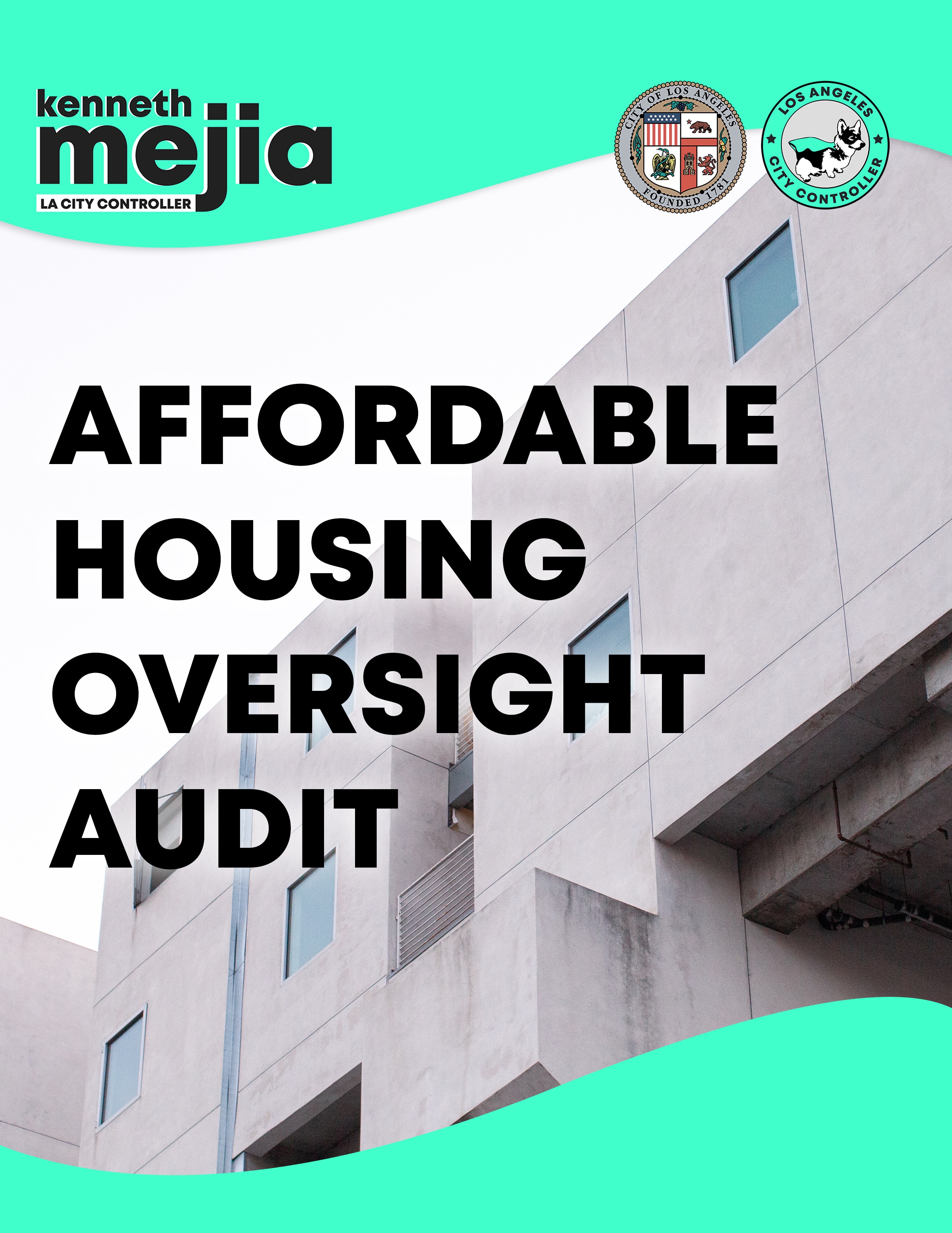 Cover of the Affordable Housing Oversight Audit Report showing the title and Los Angeles Controller logo